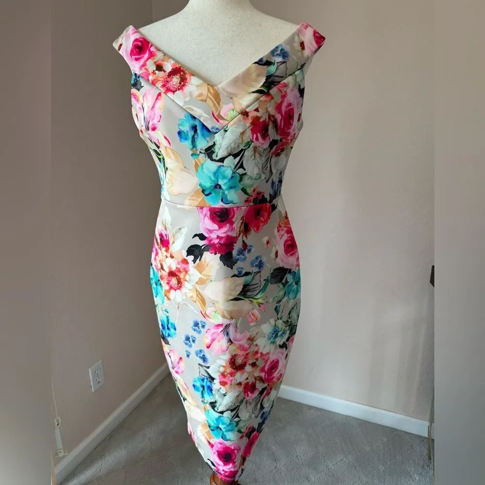Gorgeous floral off the shoulder ASOS Scuba midi dress bodycon sz 8 wedding - Picture 1 of 12